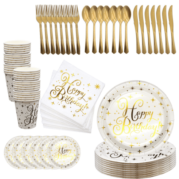 Gold and White Happy Birthday Party Tableware Set