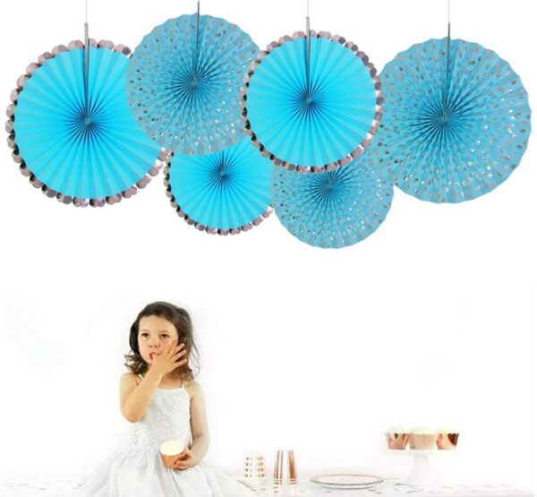 Blue and Silver Hanging Paper Fans - Image 2