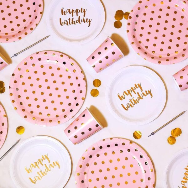 Pink and Gold Polka Dot Happy Birthday Tableware Set - Image 4
