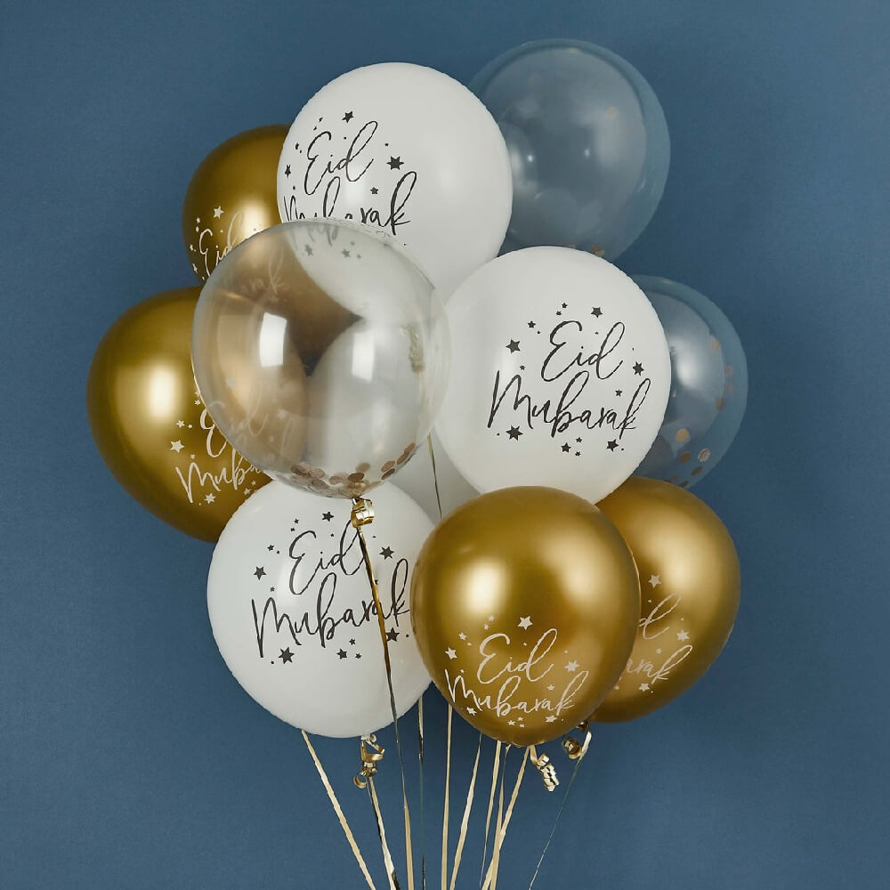 Chrome Gold and White Eid Mubarak and Gold Confetti Balloons Set