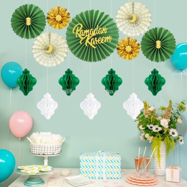 Green and Gold Ramadan Kareem Paper Fans Set - Image 3
