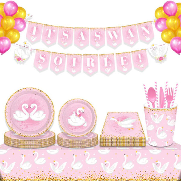 Pink and Gold Swan Designed Tableware Set - Image 7