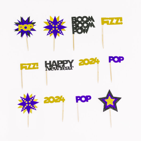 Pop Fizz Boom Happy New Year 2024 Cupcake Toppers - Image 2