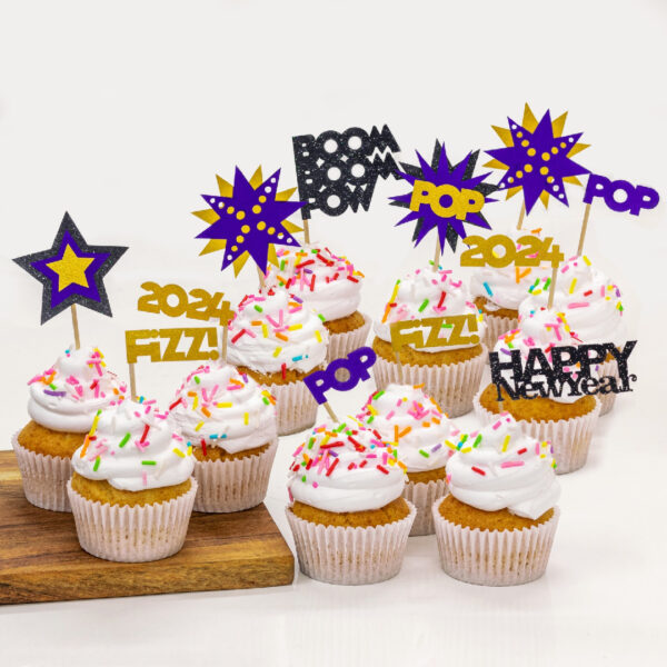 Pop Fizz Boom Happy New Year 2024 Cupcake Toppers