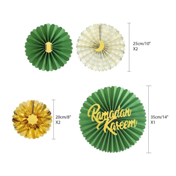 Green and Gold Ramadan Kareem Paper Fans Set - Image 2