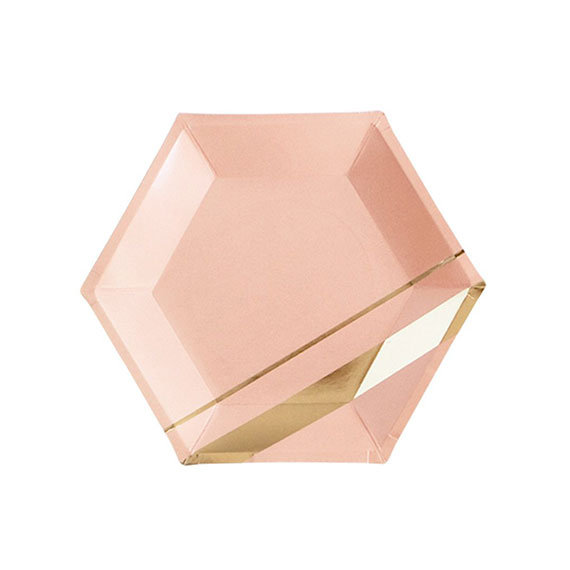 Pink with Gold Stripe Hexagon Plates – Big