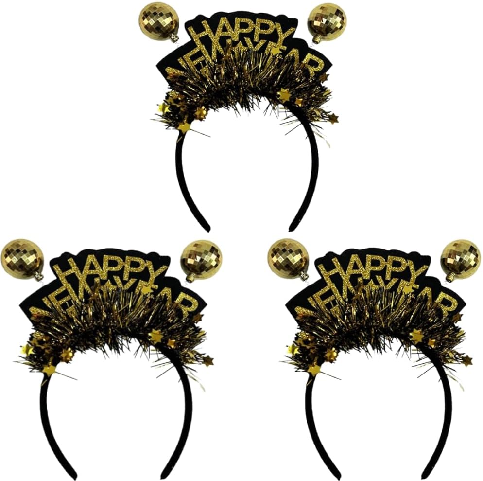 Pack of 3 Gold 2025 Happy New Year Tinsel Headband- 3 Pcs