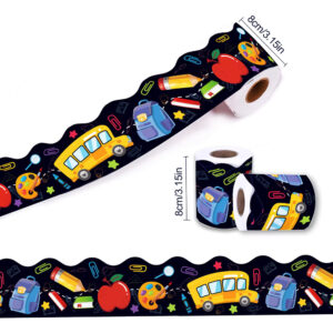 Back-to-School Bulletin Board Border Trim: Self-Adhesive Decals Featuring Bus, Pencil, and Book Stickers on a Roll - Size: 68FT