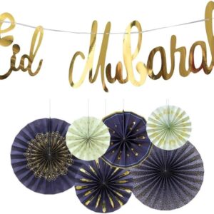 Blue & Gold Eid Mubarak Banner & 6 Pcs Hanging Paper Fan Set