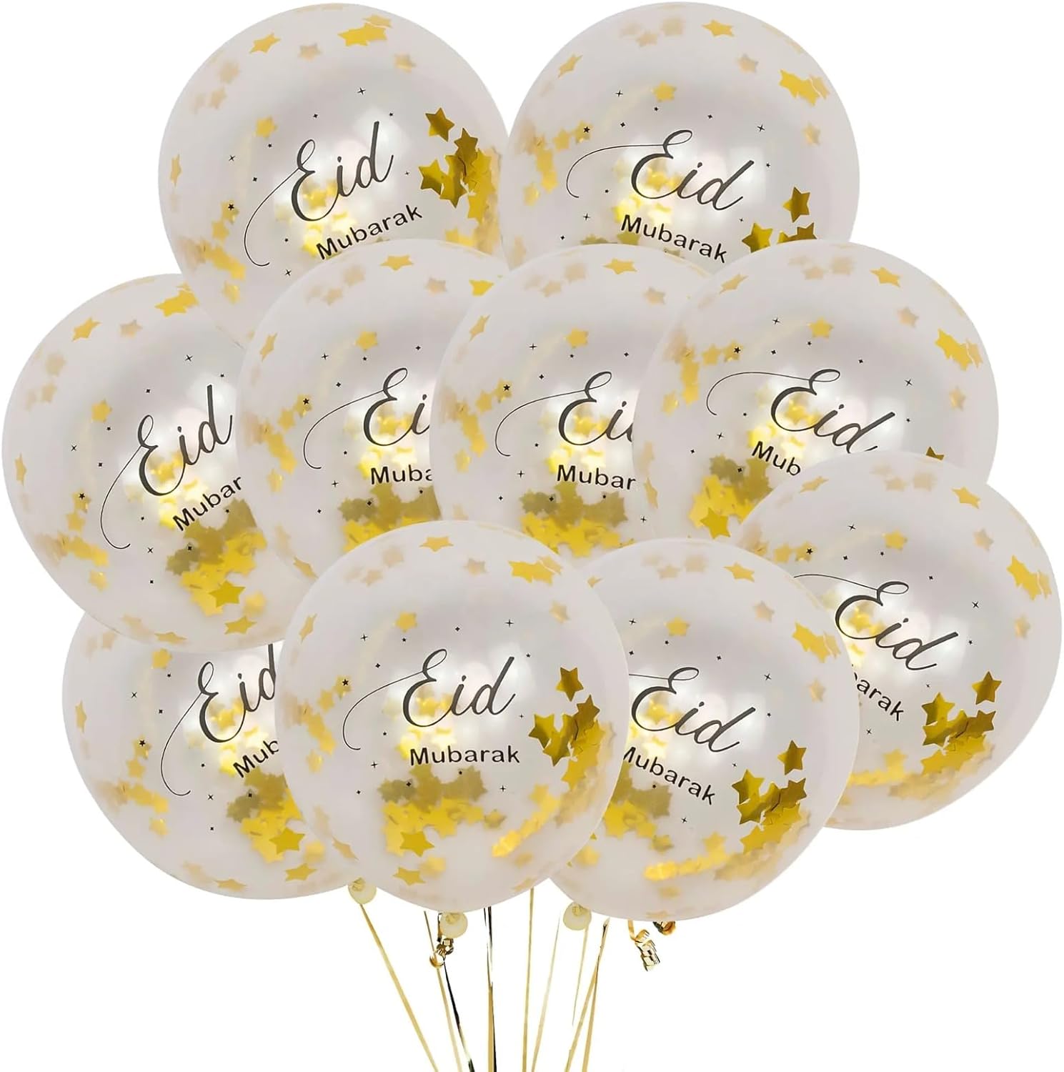Gold Star Eid Mubarak Confetti Balloons Set- 10 Pcs
