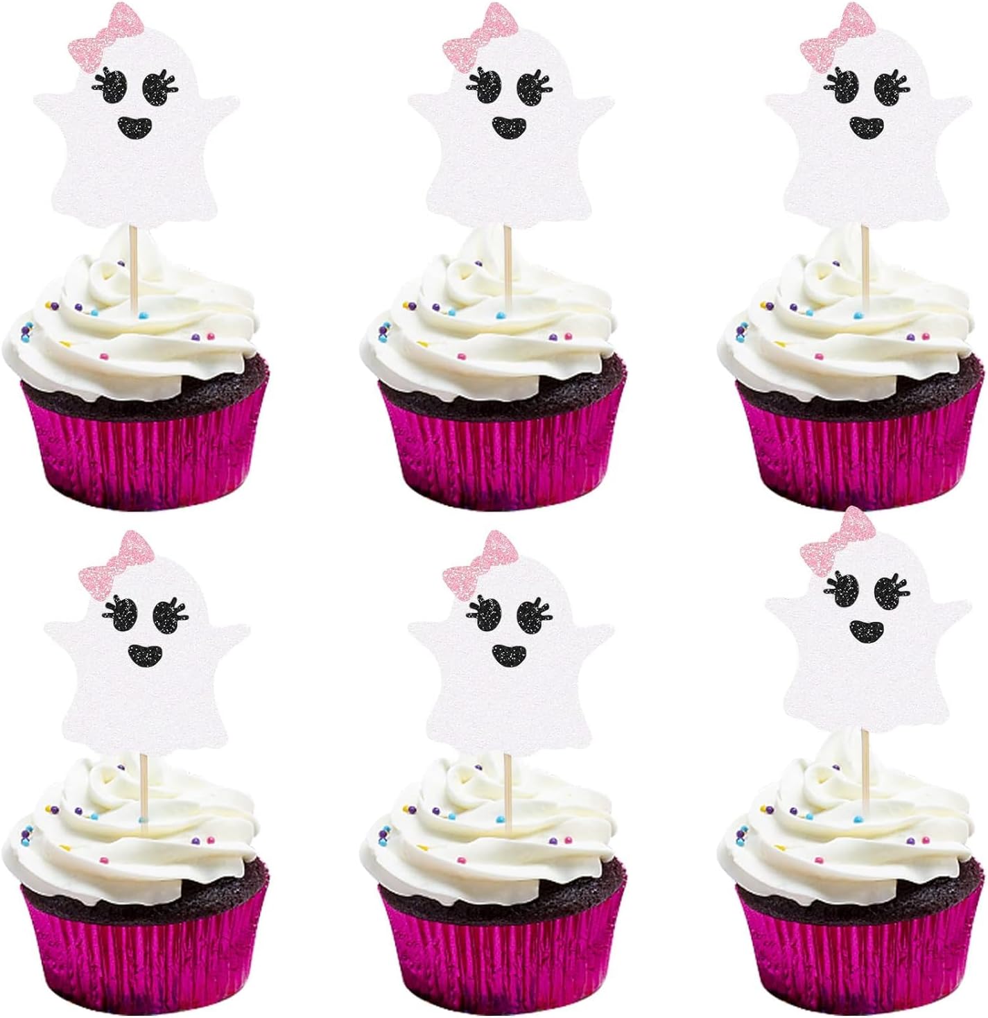 Pink & White Ghost Halloween Cupcake Toppers – Pack of 10