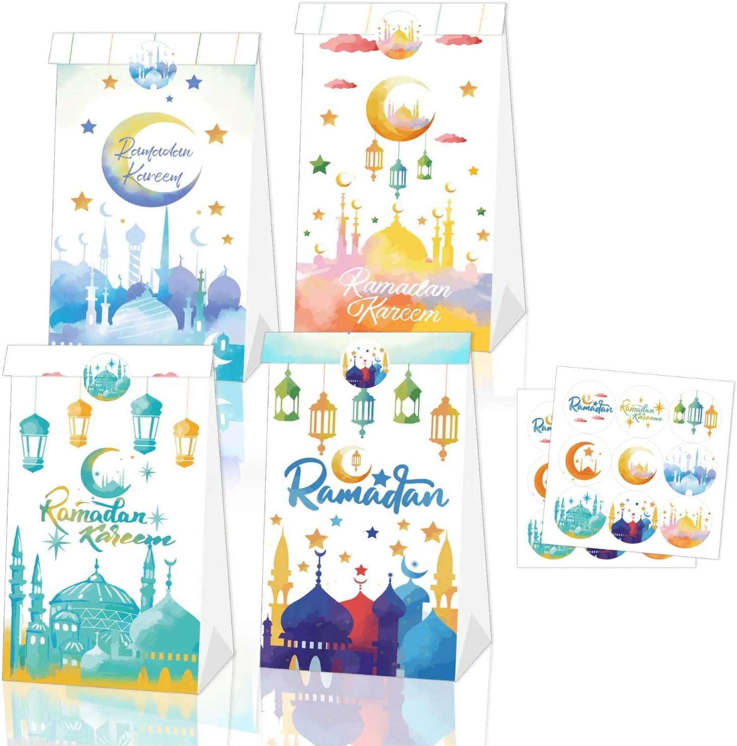 Multicolor Pack of 12 Ramadan Kareem Gift Bags with Stickers