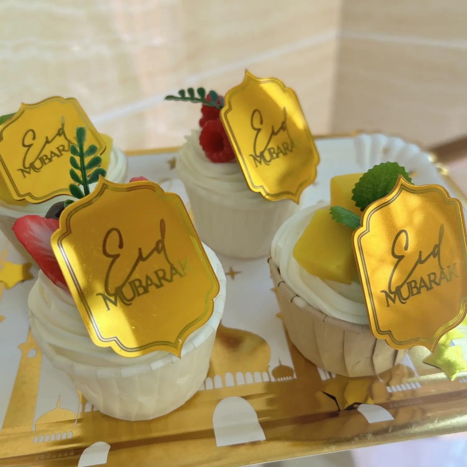 Acrylic Gold Eid Mubarak Cupcake Toppers- 10 Pcs
