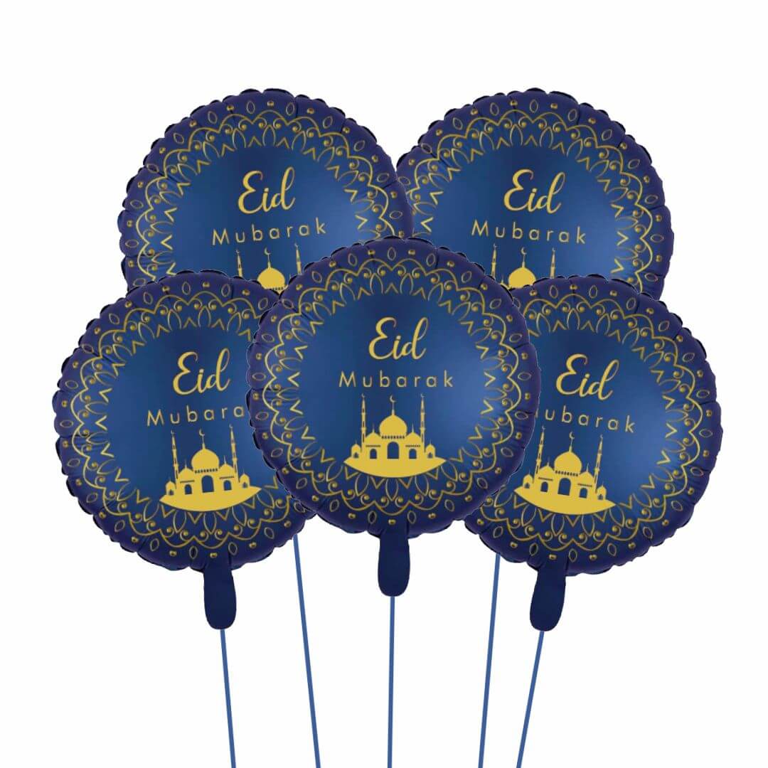 Blue and Gold Eid Mubarak Foil Balloon Pack of 5