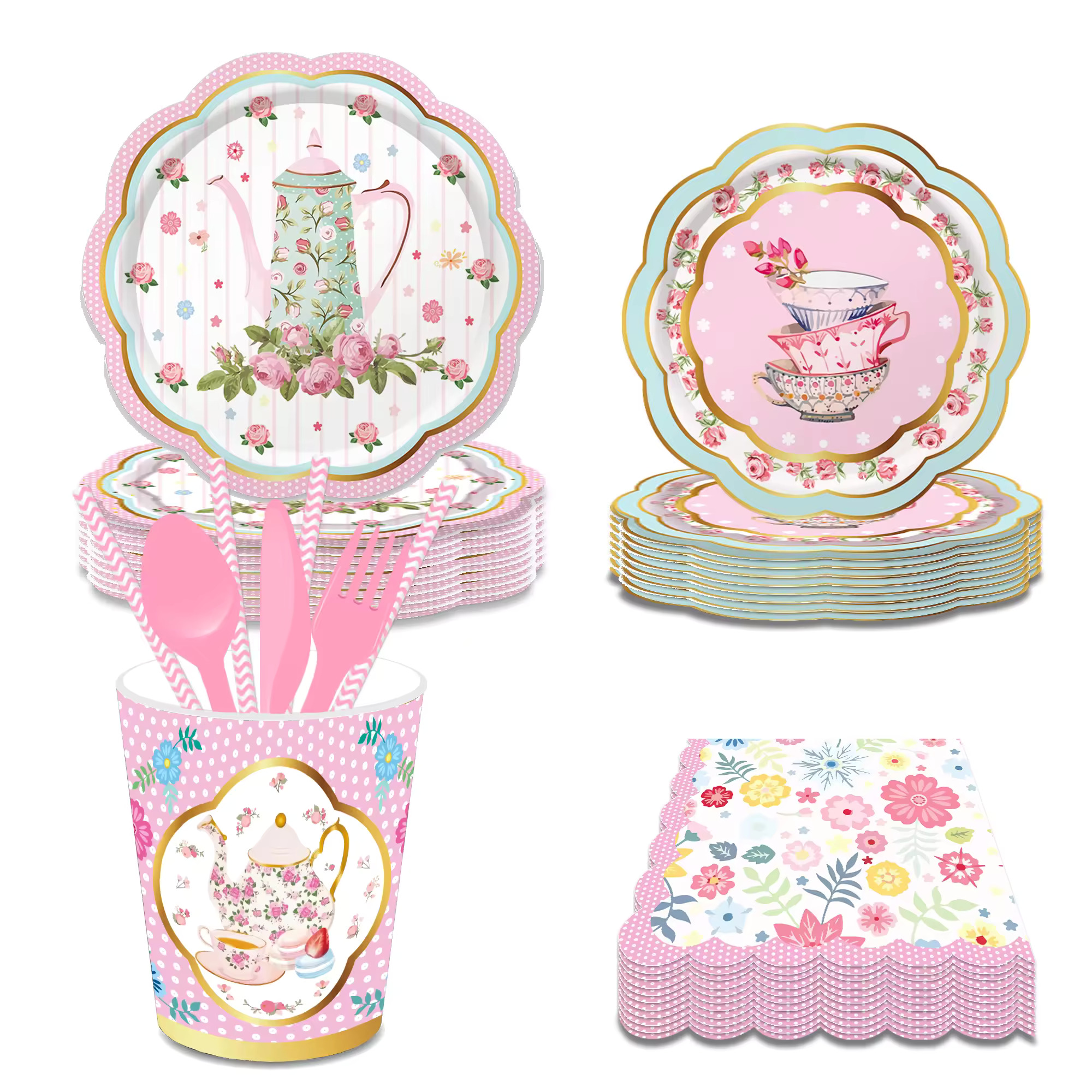 Elegant Floral Tea Party Paper Plates, Napkins, Tea Cups Set