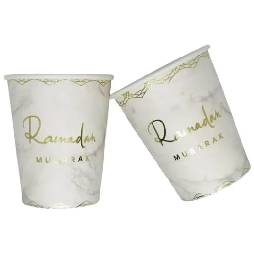 White & Gold Design Ramadan Mubarak Paper Cups- 10 Pcs