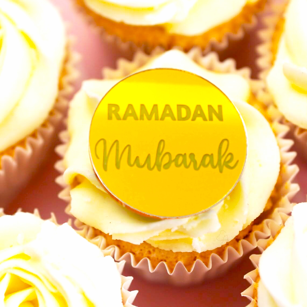 Acrylic Gold Ramadan Mubarak Cupcake Toppers- 10 Pcs