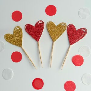 Red & Gold Heart Cupcake Topper- Set of 10