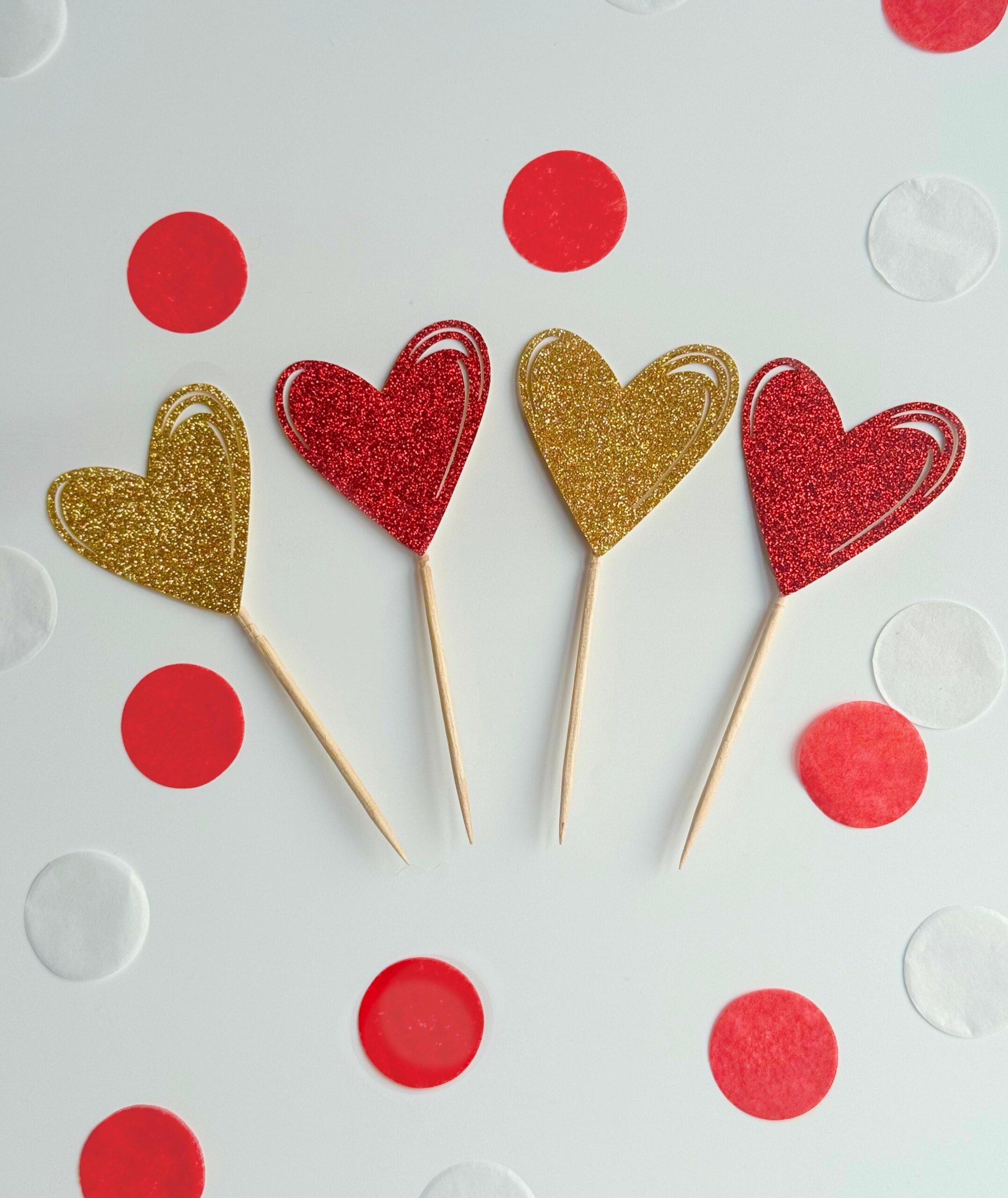 Red & Gold Heart Cupcake Topper- Set of 10