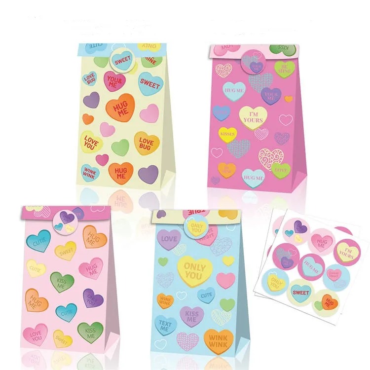 Valentine’s Day Party Favor Bags with Stickers- Set of 12